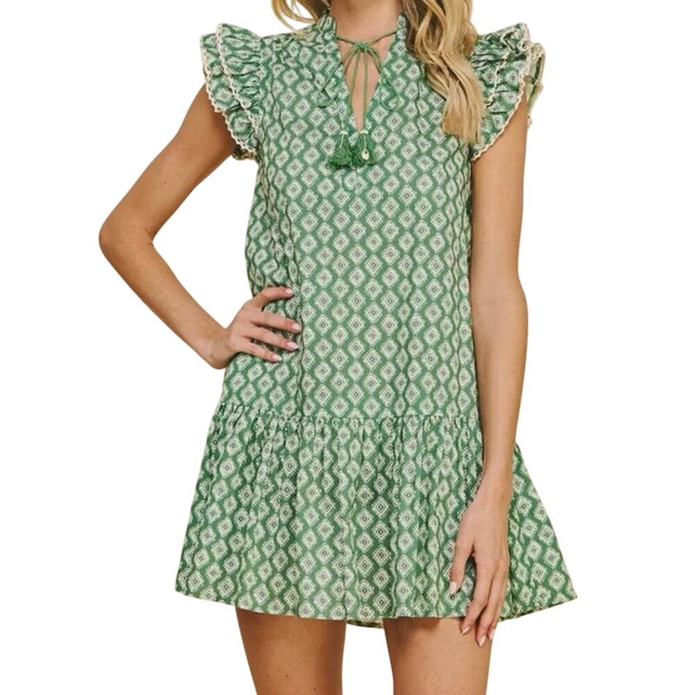 Hausen Aztec Diamond Print Cap Sleeve Ruffle Hem Mini Dress Green White Size M